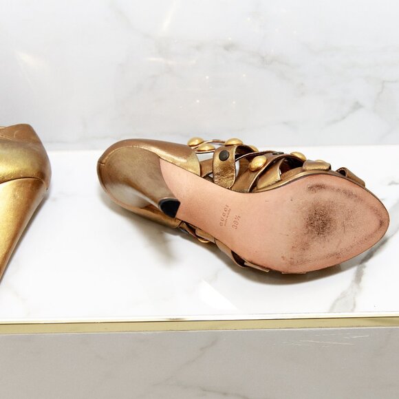 Gucci Babouska Gold Bronze Studded Open Toe Strappy Heels 38.5 / 8.5 - Picture 11 of 17